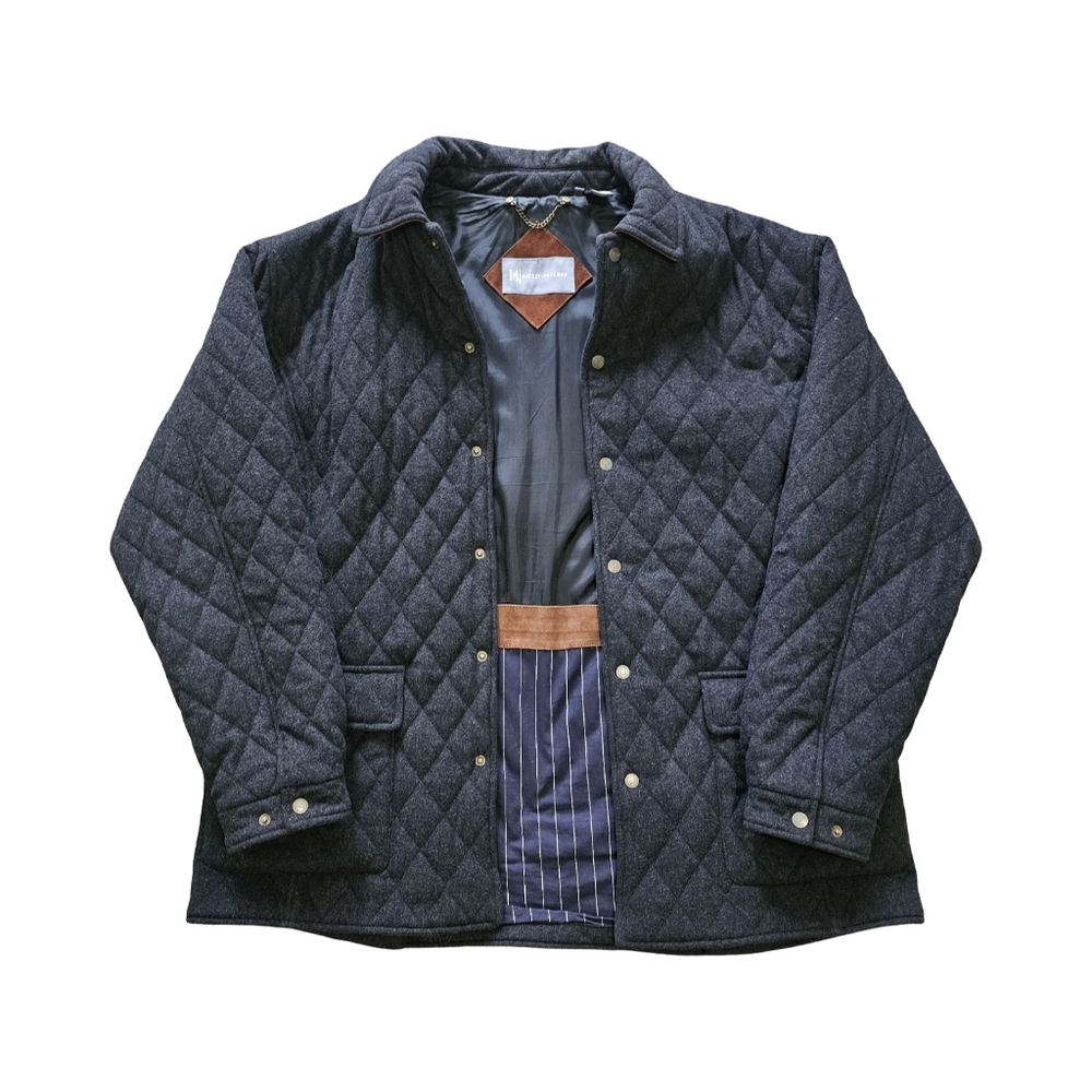 Hickey Freeman Quilted Wool Barn Jacket Mens XL Leather Trim Field Coat
